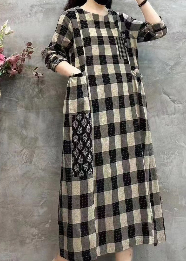 LB | Women Bright Chequered O-Neck Pockets Print Patchwork Maxi Dress Długi rękaw