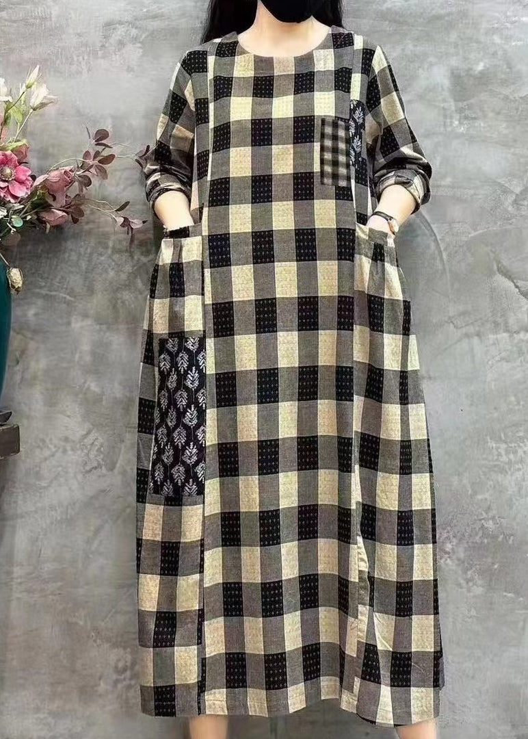 LB | Women Bright Chequered O-Neck Pockets Print Patchwork Maxi Dress Długi rękaw