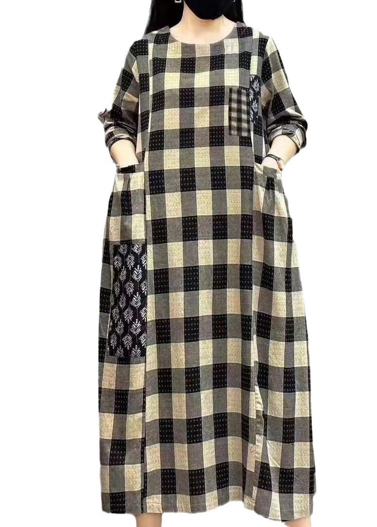 LB | Women Bright Chequered O-Neck Pockets Print Patchwork Maxi Dress Długi rękaw