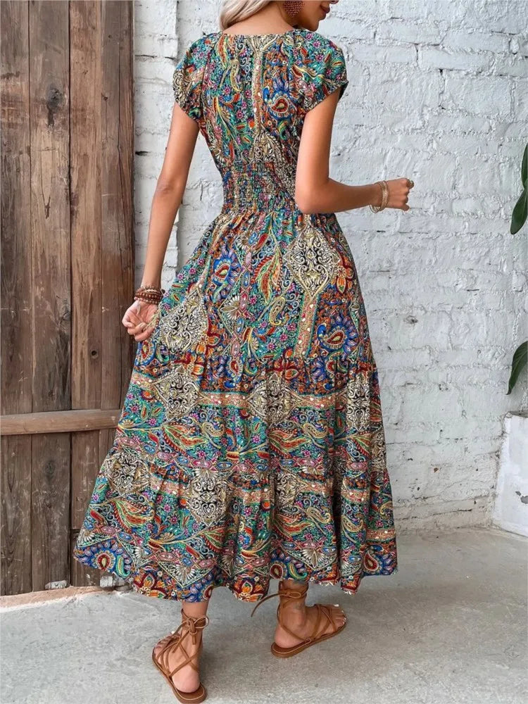 LB | 2024 Sexy A-Line Maxi Sukienka Boho z krótkim rękawem i elastyczną talią