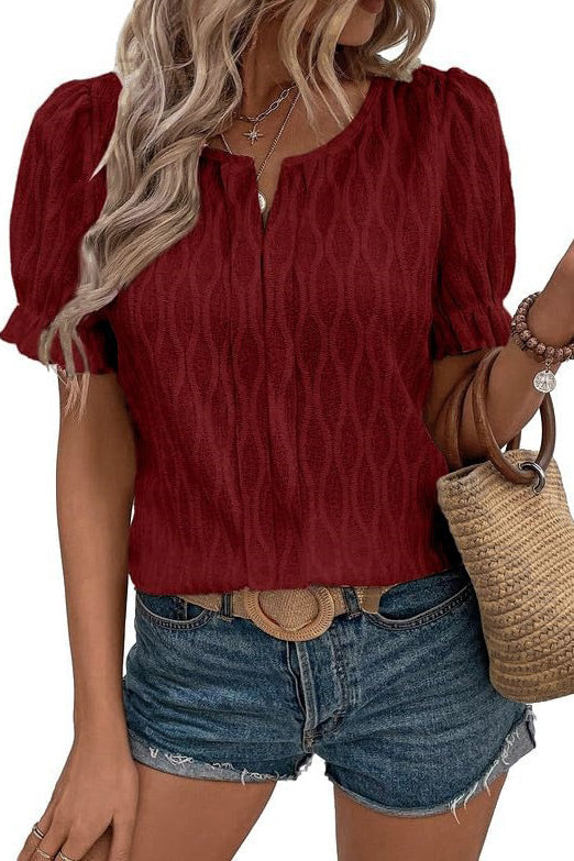 LB | Damska koszulka casualowa z bufiastym rękawem V-Neck