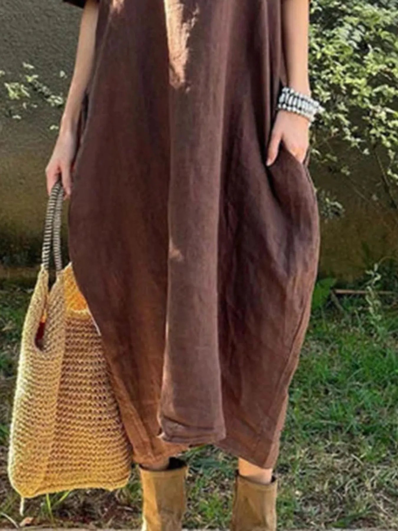 LB | Full Size Casual Loose Fit Round Neck Midi Dress Plus Size