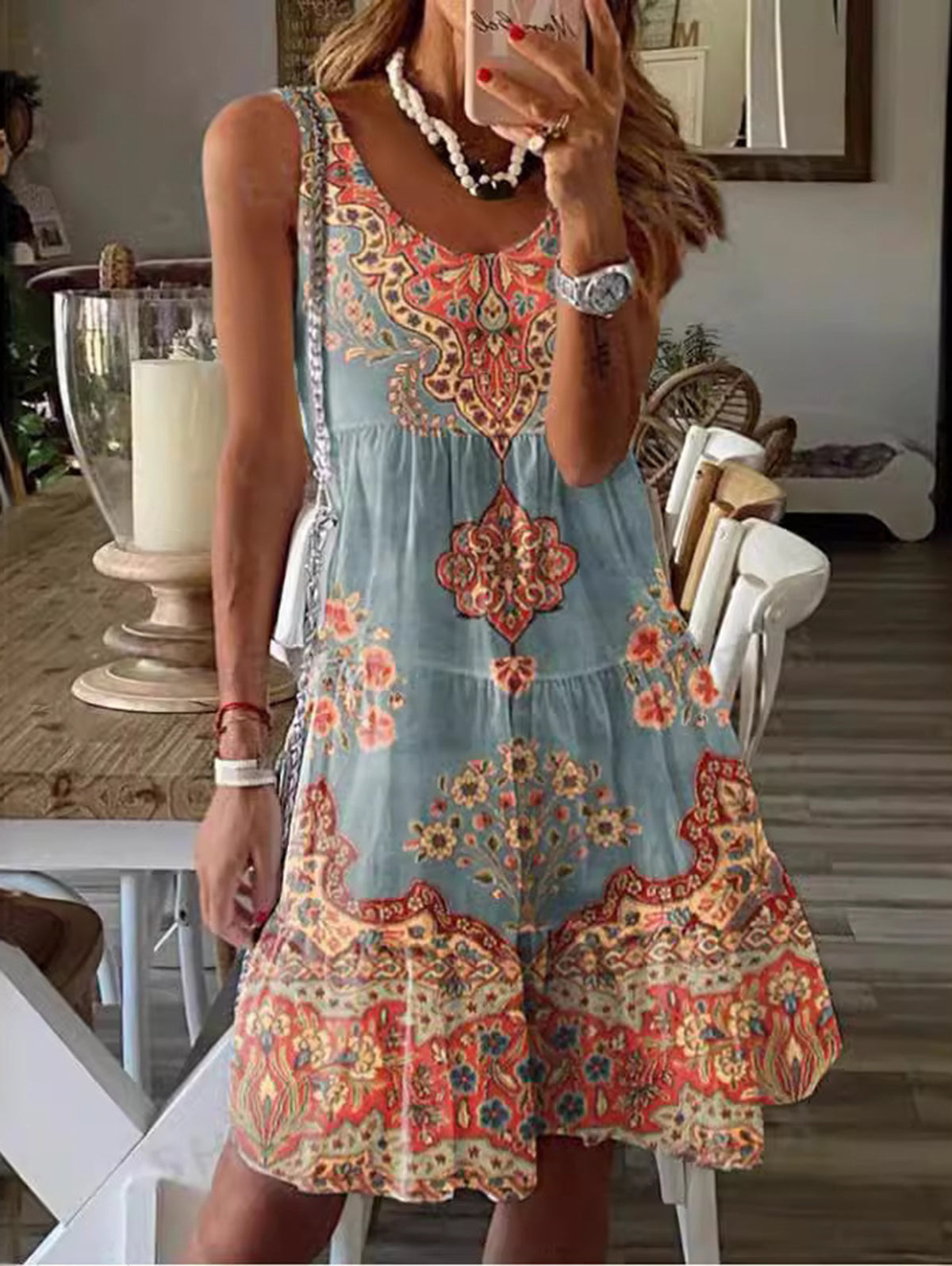 LB | Boho okrągły dekolt kwiatowy wzór mini sukienka bez rękawów