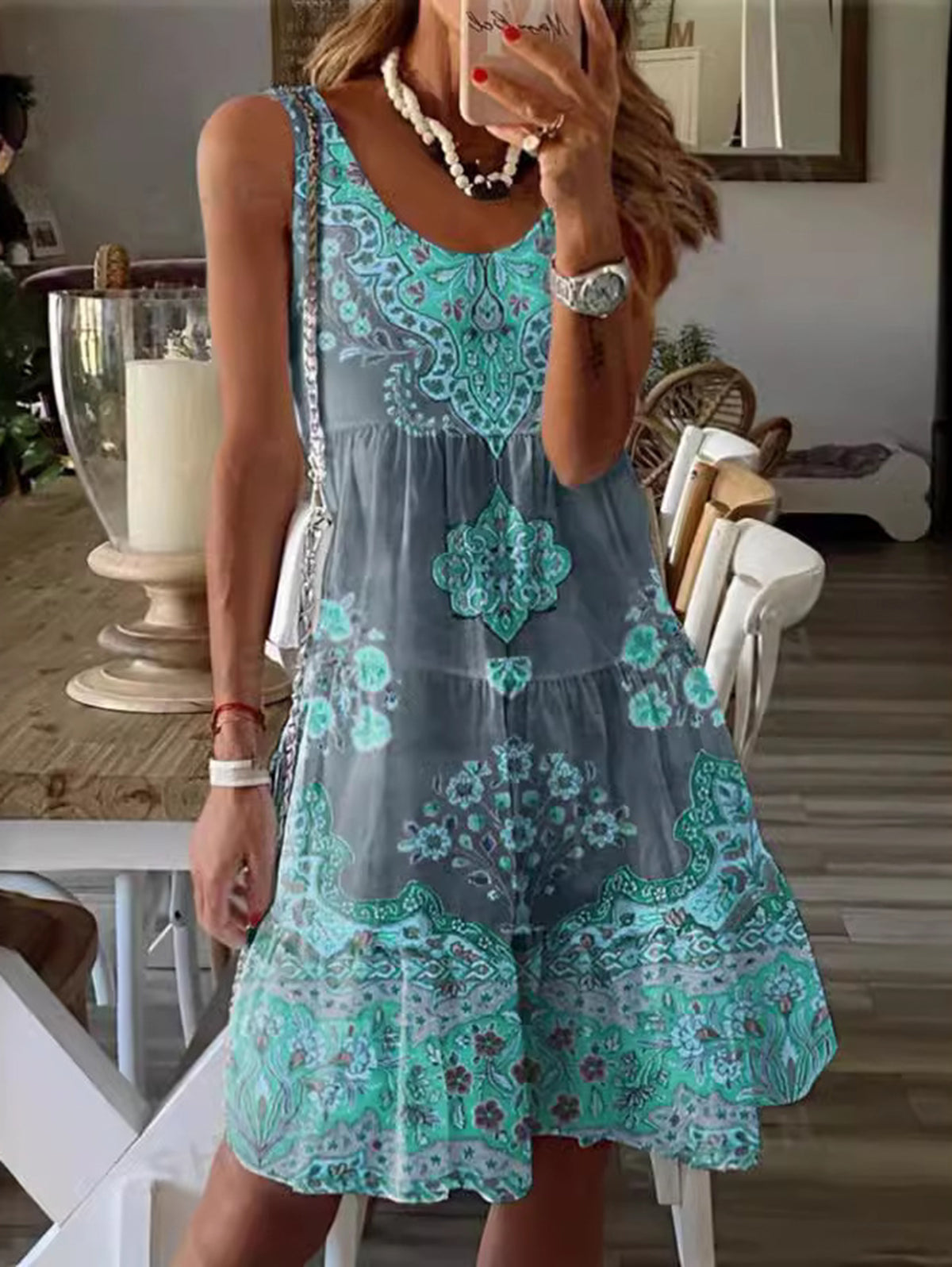 LB | Boho okrągły dekolt kwiatowy wzór mini sukienka bez rękawów