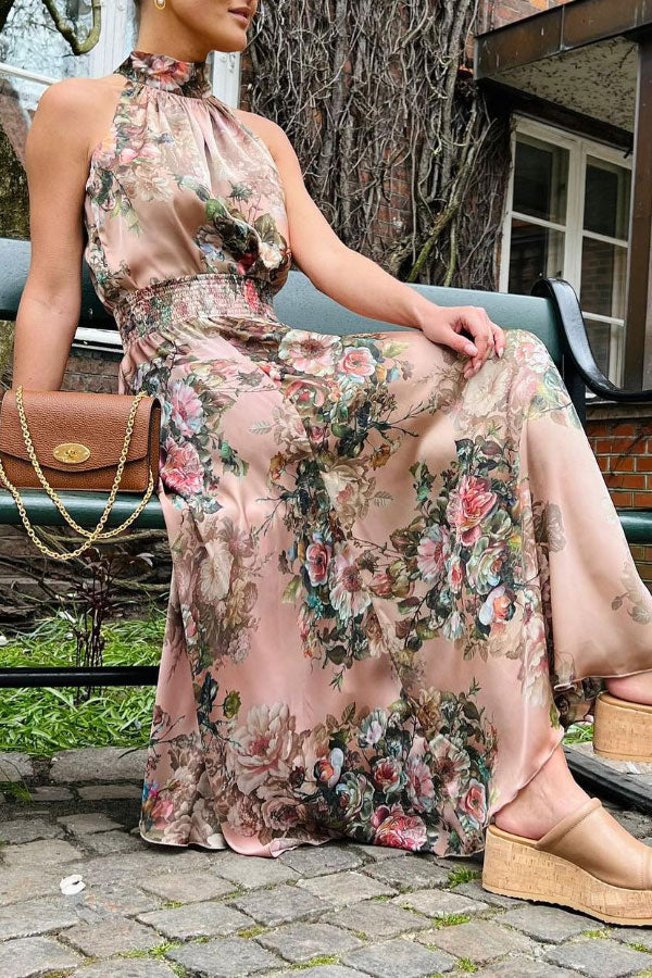 LB | Elegancka sukienka maxi z dekoltem w serek w róże w stylu vintage