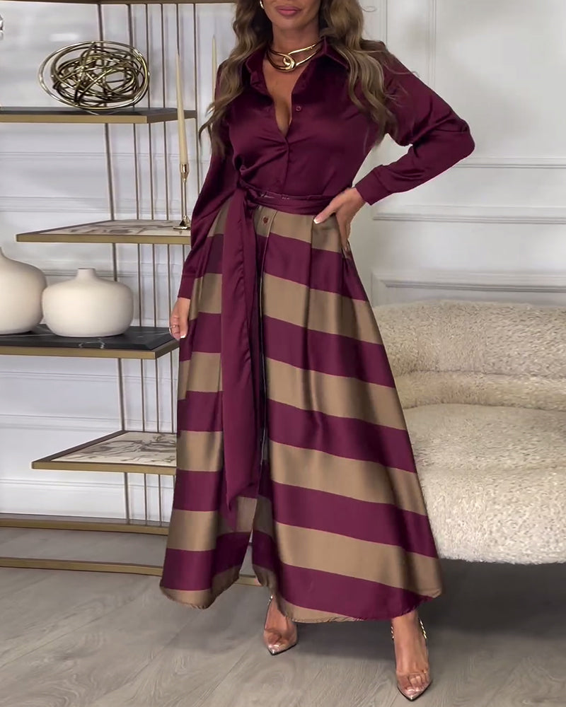 LB | Elegancka koszulowa sukienka maxi z paskiem