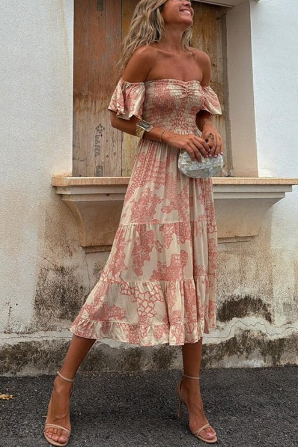 LB | Pitaya Unique Print Off Shoulder Smocked Ruffle Sleeve Warstwowa sukienka midi