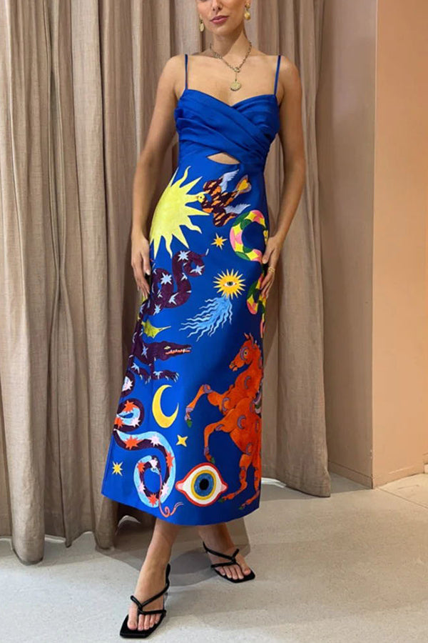 LB | Main Stage Unique Printed Ruffled Cross Over Detail Strap Midi Dress