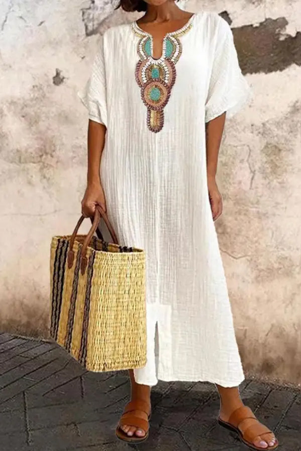 LB | V-Neck Casual Loose Retro Ethnic Print Sukienka Maxi z krótkim rękawem