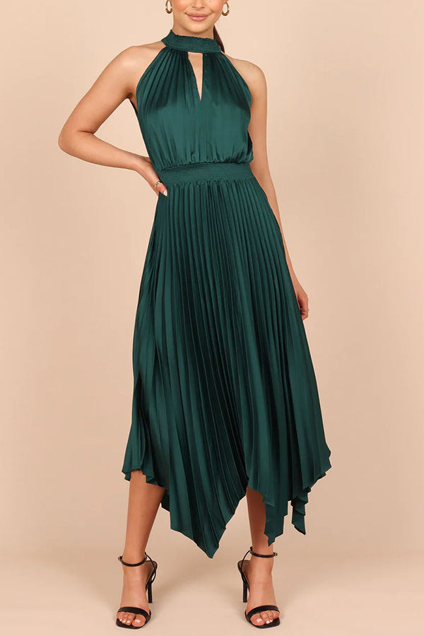 LB | Luxe Look Satin Pleated Halter Elastyczna sukienka midi w talii