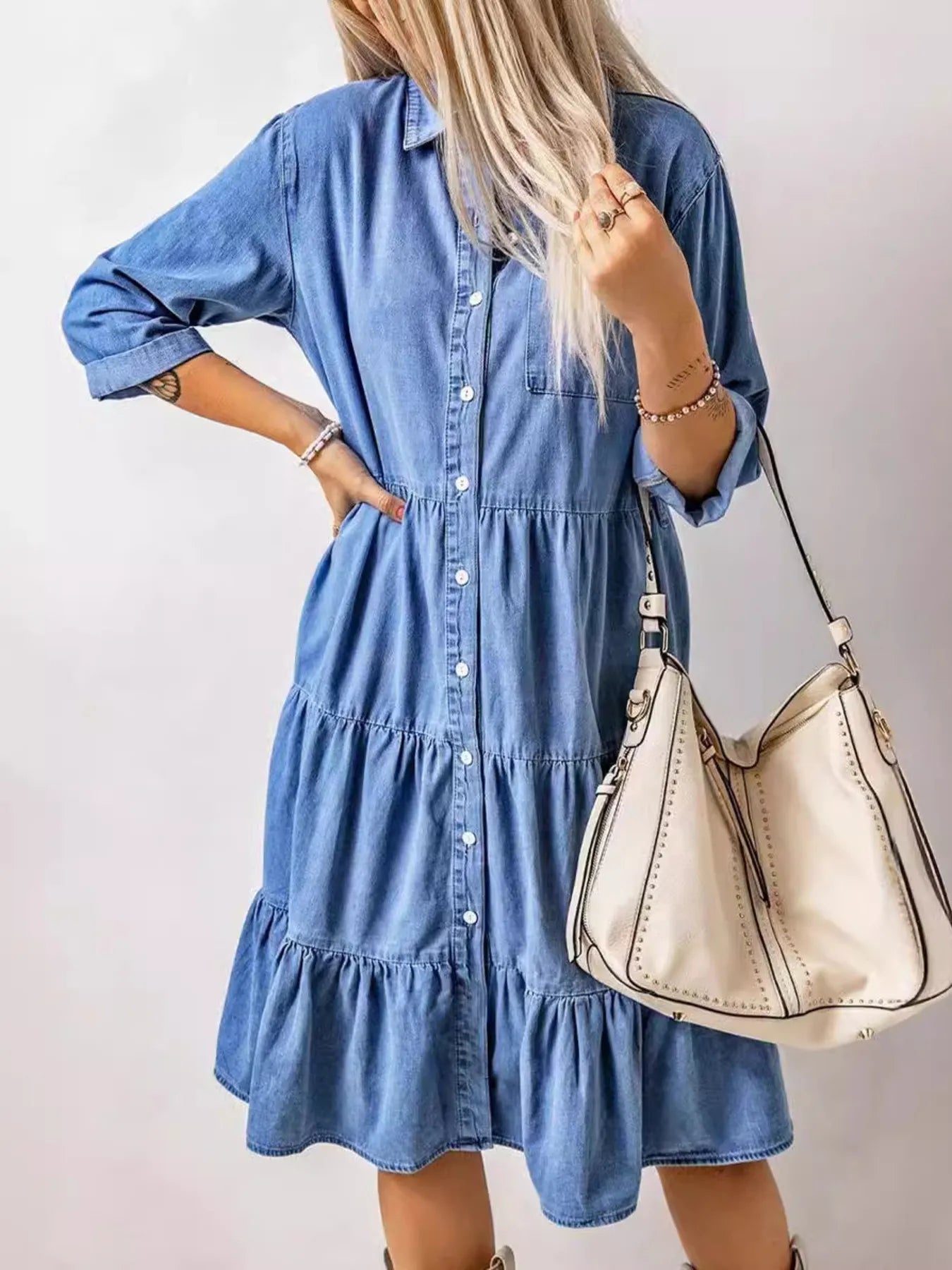 LB | Full Size Ruffled Hem Button Up Denim Midi Dress Plus Size