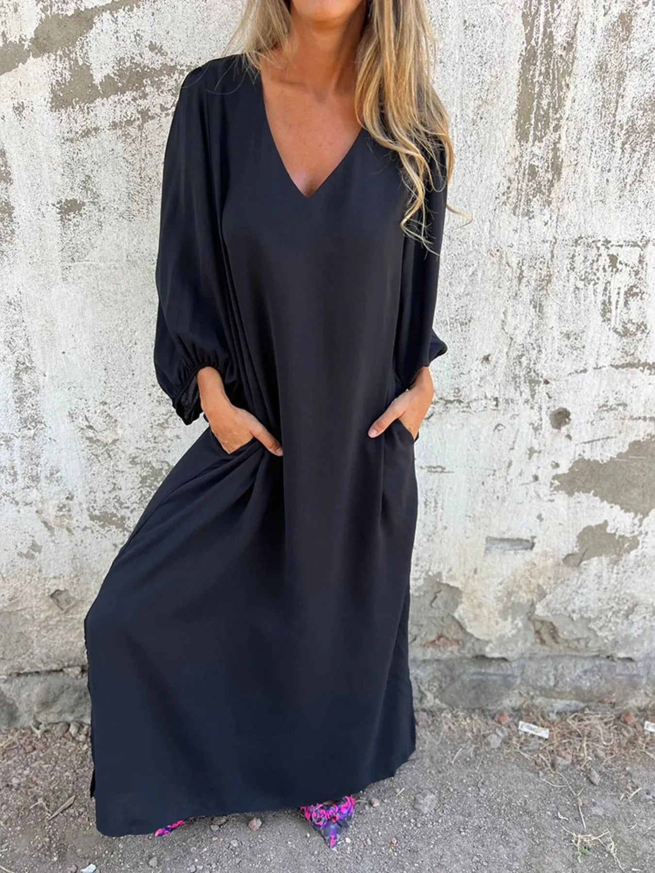 LB | Full Size Sukienka midi z rozcięciem pod szyją i balonowym rękawem Plus Size