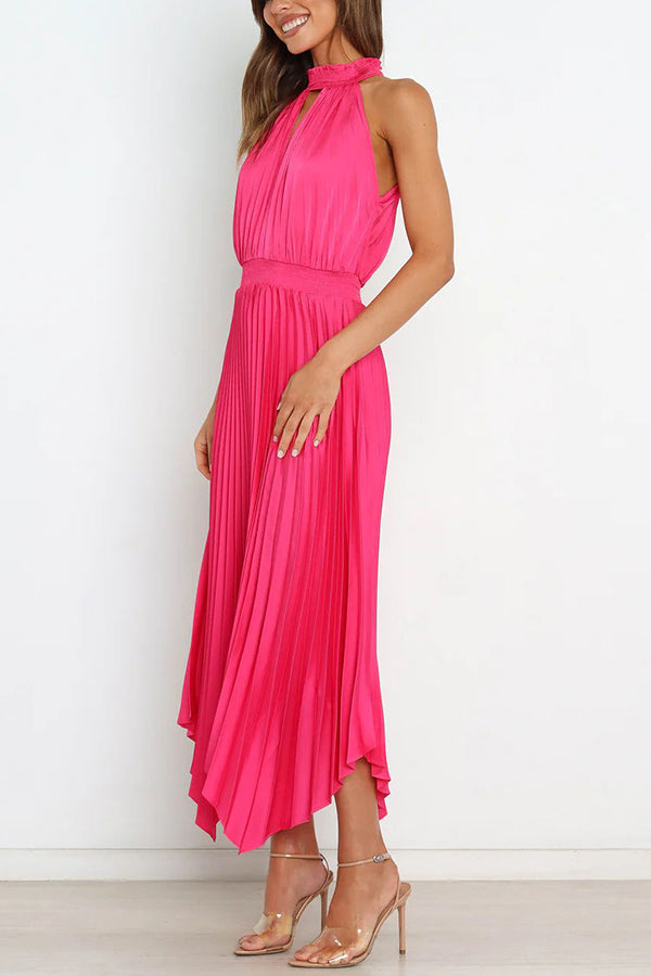 LB | Luxe Look Satin Pleated Halter Elastyczna sukienka midi w talii