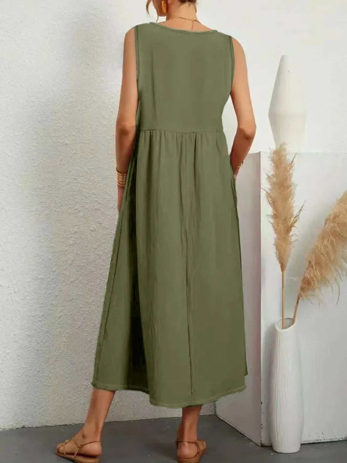 LB | Full Size Pocketed V-Neck Sleeveless Midi Dress Plus Size