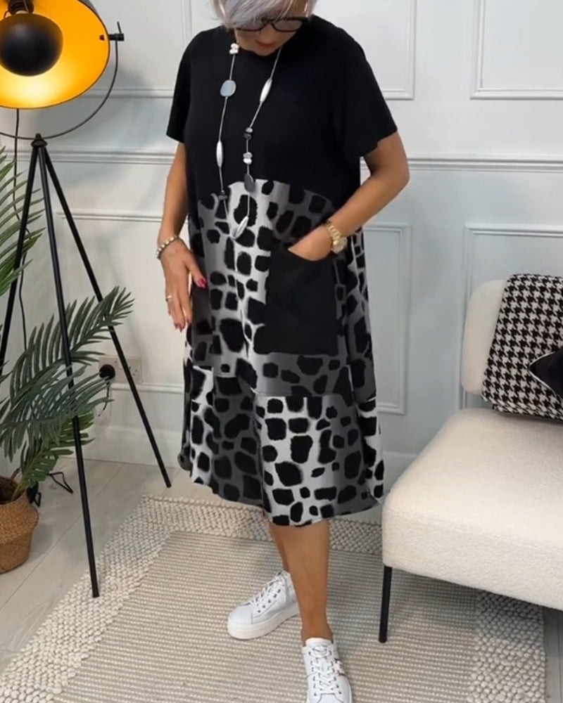 LB | Stylowa sukienka midi z krótkim rękawem w panterkę