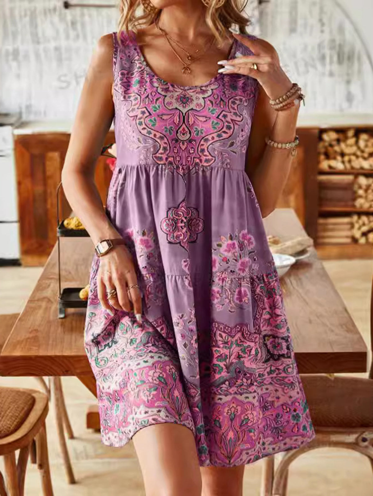 LB | Boho okrągły dekolt kwiatowy wzór mini sukienka bez rękawów