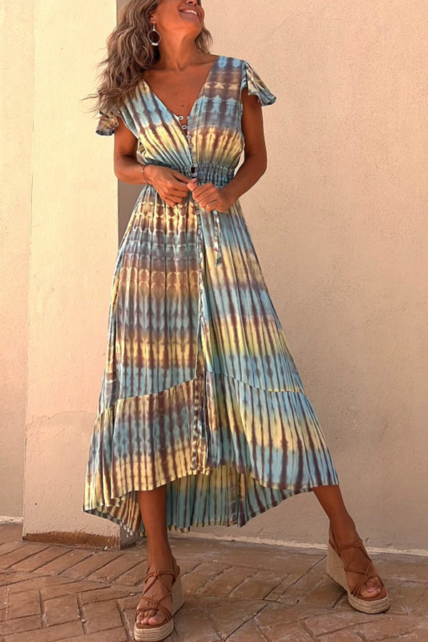 LB | Lorina Tie-dye Print Button Smocked Waist Backless Midi Dress