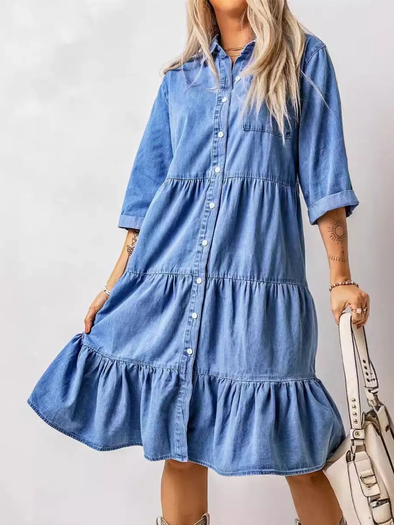 LB | Full Size Ruffled Hem Button Up Denim Midi Dress Plus Size