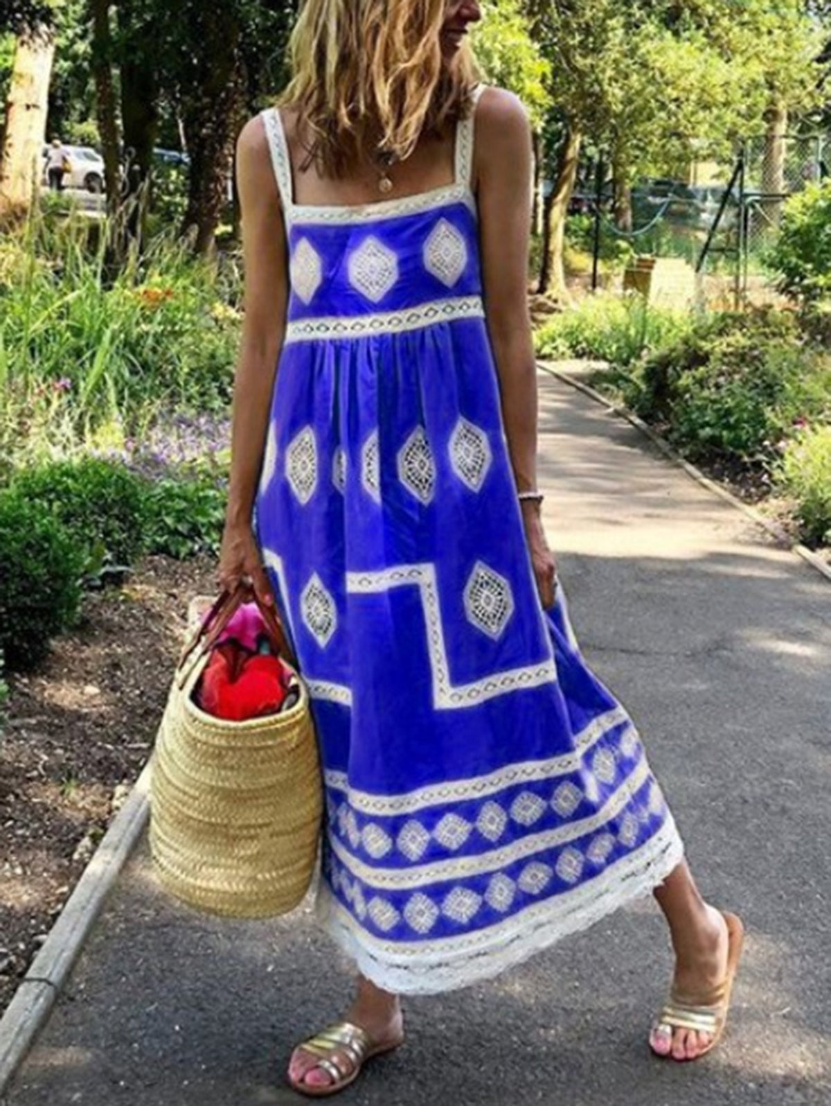 LB | Yellow Square Neck Boho Print Tank Maxi Dress