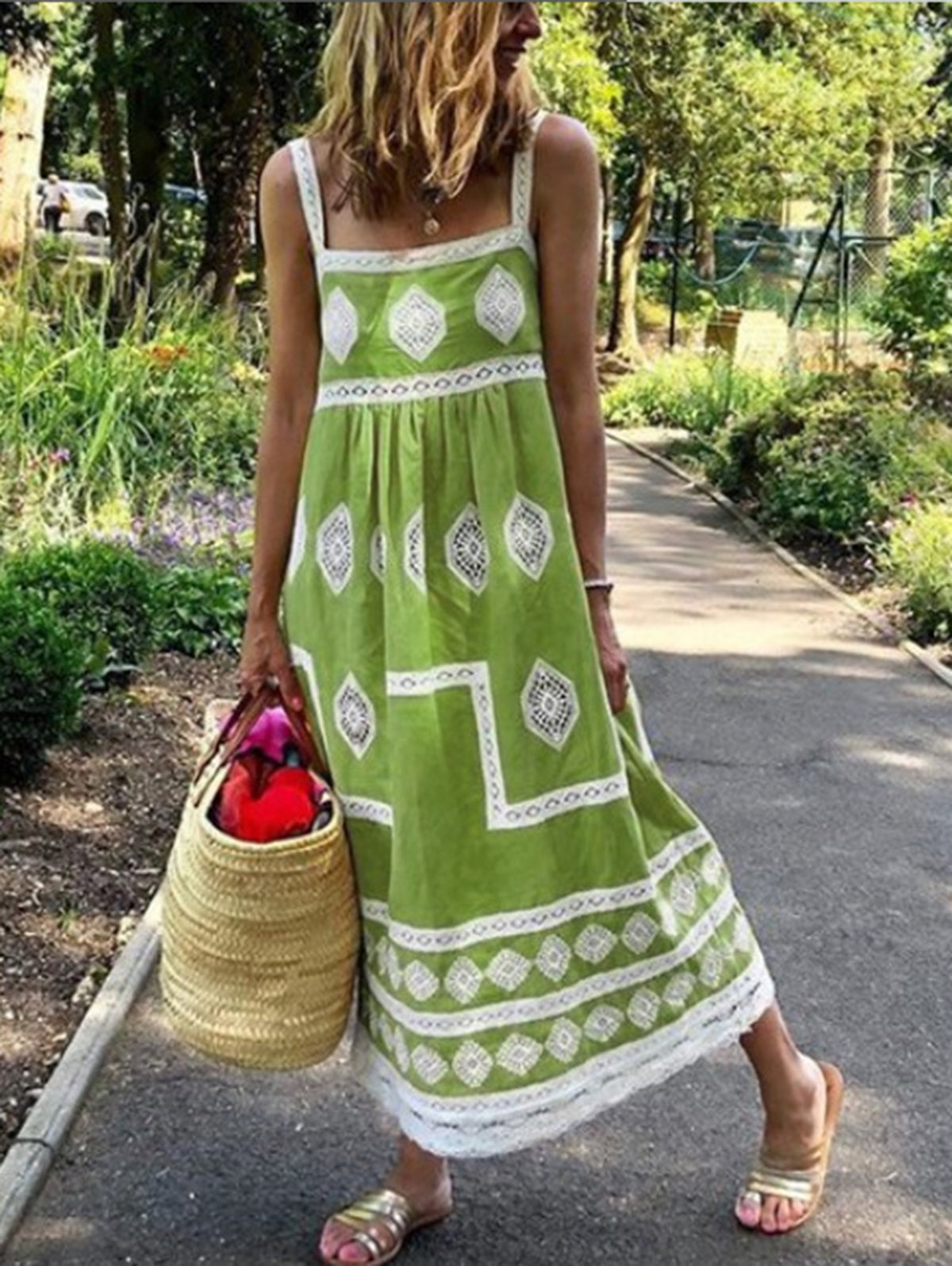 LB | Yellow Square Neck Boho Print Tank Maxi Dress
