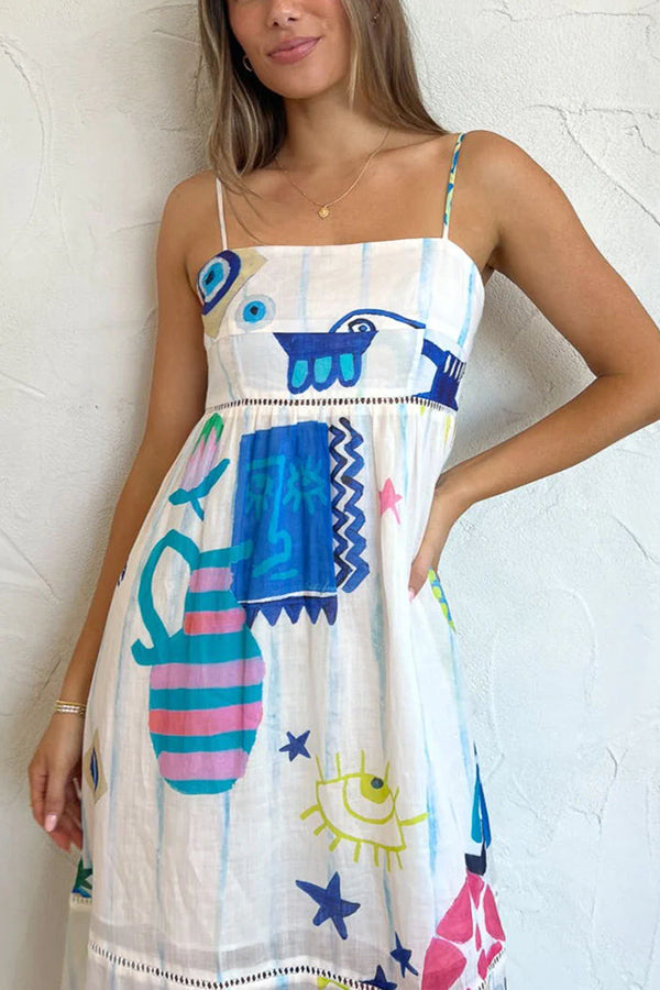 LB | She's The Fun Linen Blend Playful Print Ladder Trim Midi Dress