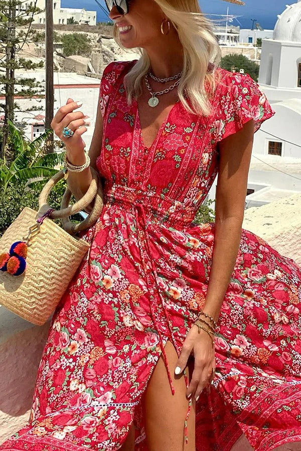 LB | Summer in Greece Boho Print Ruffle Sleeves Elastyczna talia Sukienka midi z wysokim stanem