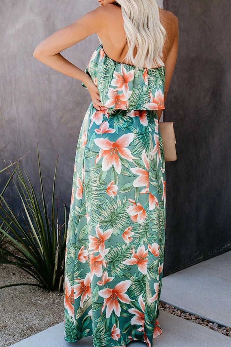 LB | Tropical Plant Print Sukienka maxi na ramiączkach z marszczonym rozcięciem