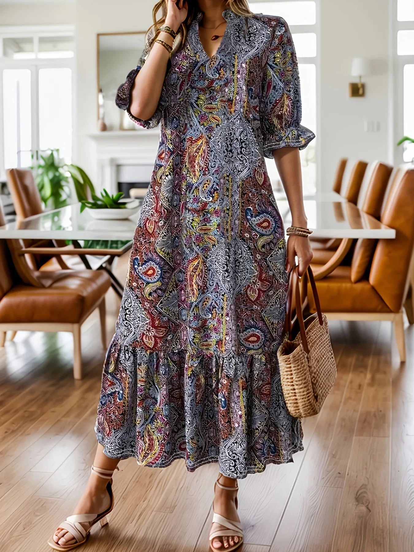 LB | Full Size Bohemian Paisley Print Ruffle Hem Midi Dress Plus Size
