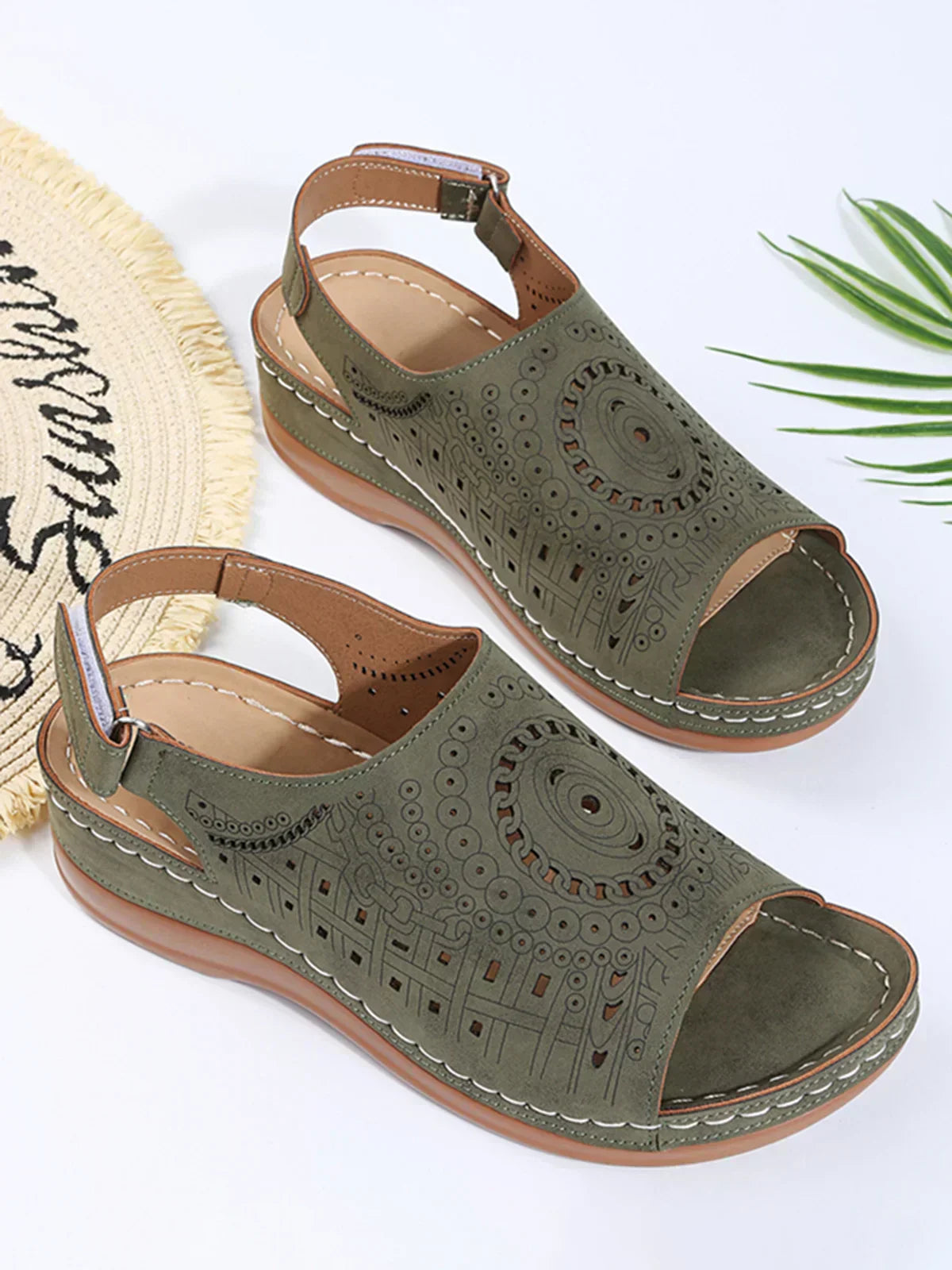 AS | Ethnic Pattern Punched Hollow Velcro Retro Sandały