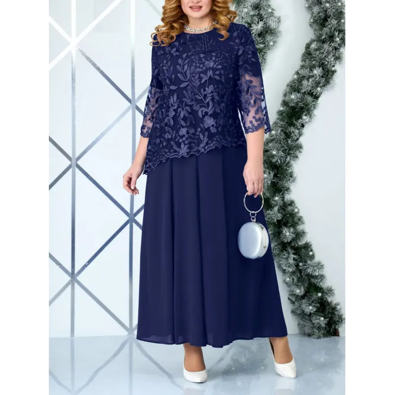 LB | Damska formalna sukienka maxi - Gorset z koronki w kwiaty - Lejący krój - Rękawy 3/4