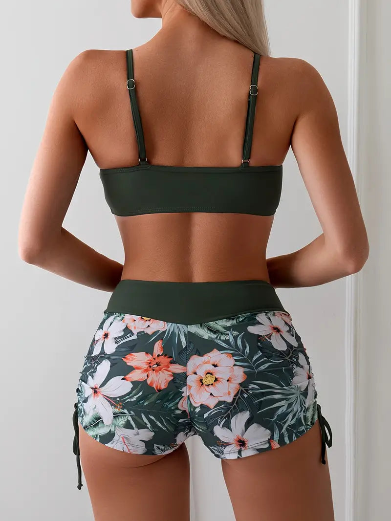 LB | Bikini z tropikalnym kwiatowym nadrukiem i sznurkiem ściągającym