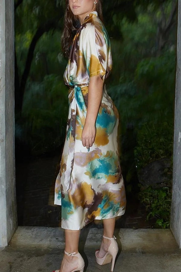 LB | Cityscape Moment Satin Tie Dye Print Half Sleeve Wrap Midi Dress