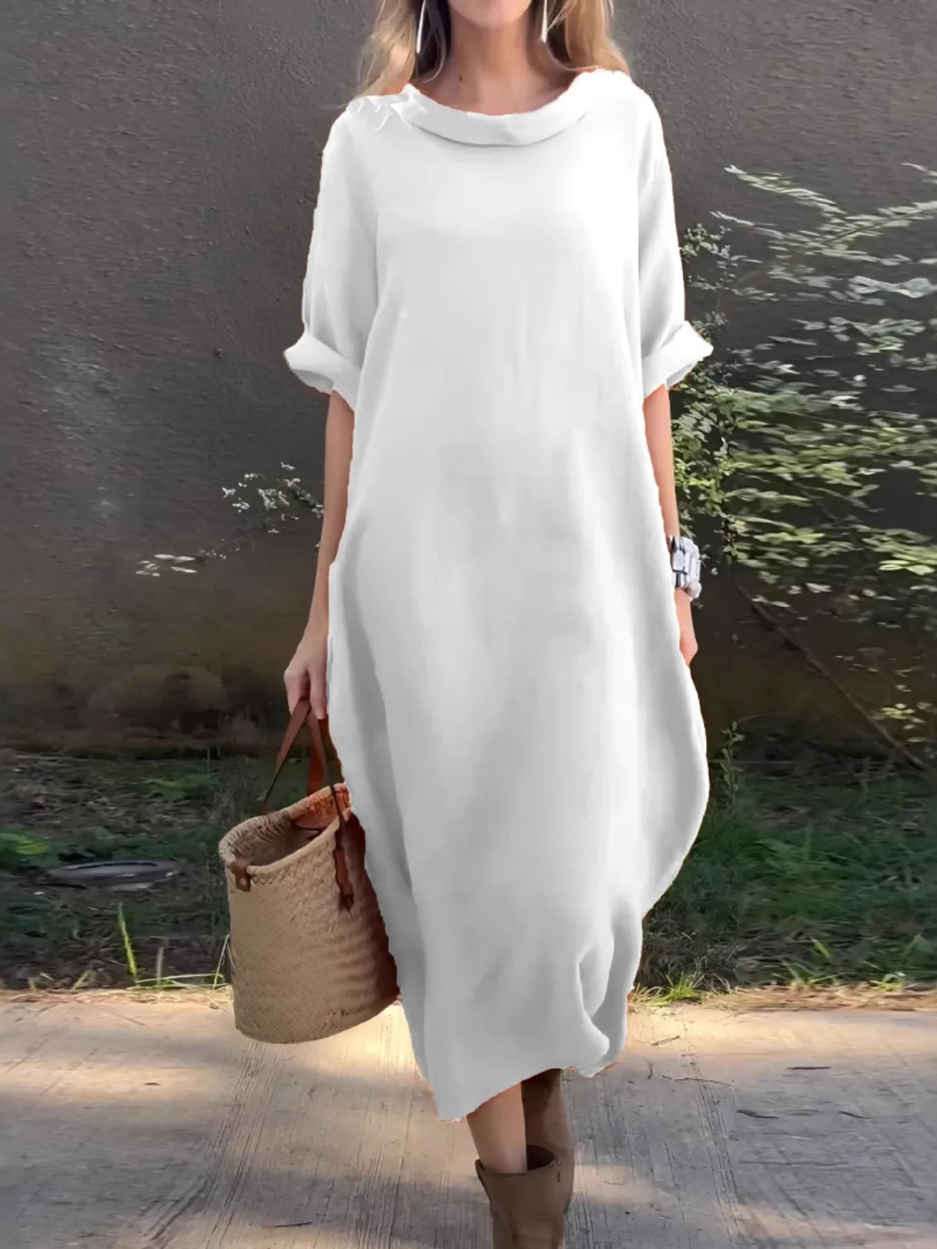 LB | Full Size Casual Loose Fit Round Neck Midi Dress Plus Size
