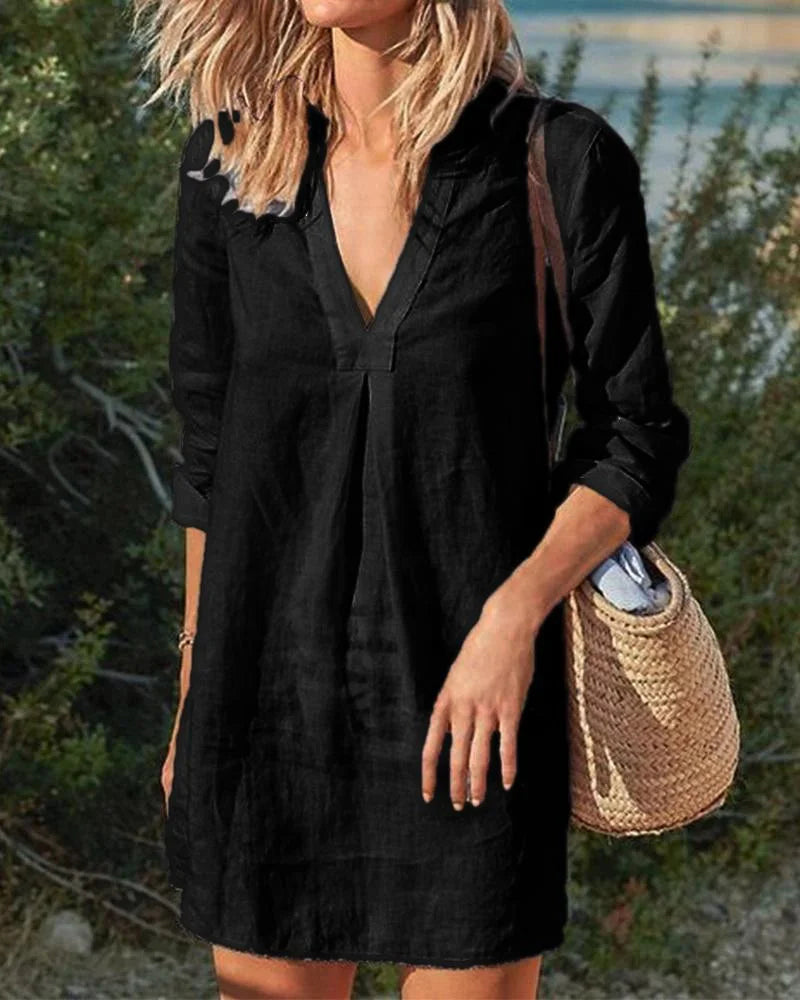 LB | Button Down Knee Length Midi Dress V-Neck Split Casualowa sukienka z długim rękawem