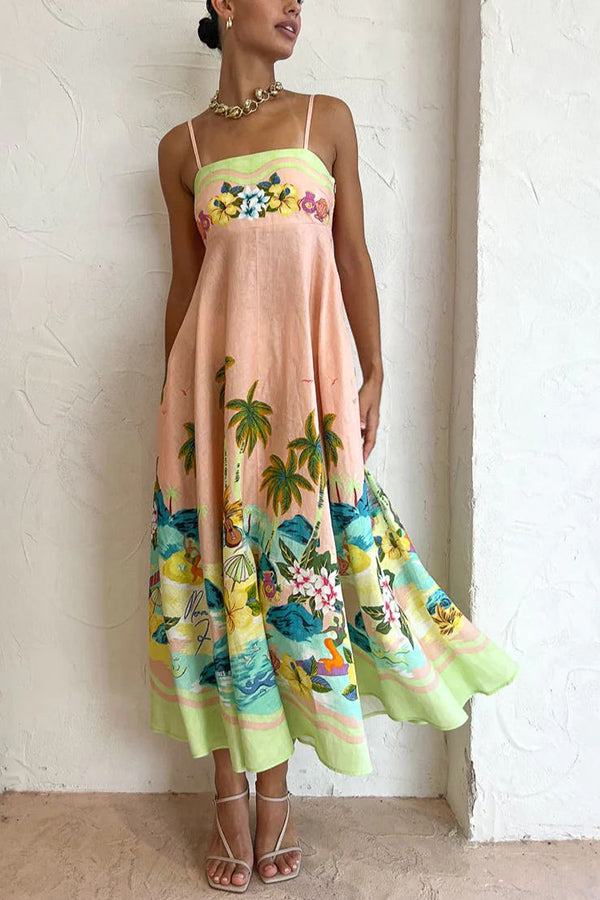 LB | Coconut Scenery Linen Blend Tropical Print Smocked Back Midi Dress