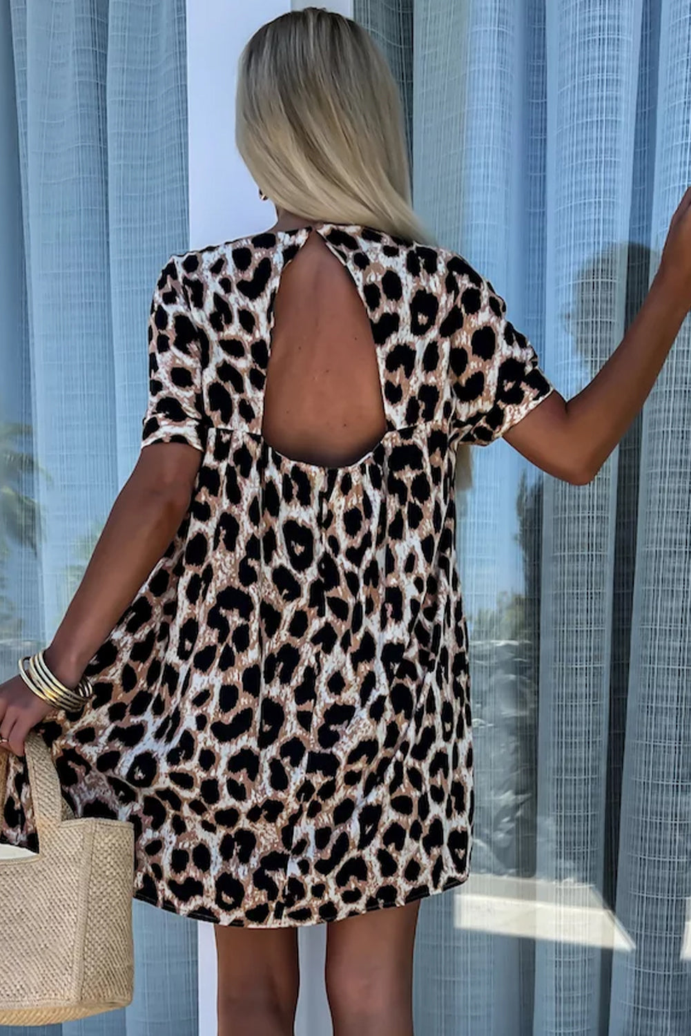LB | Khaki Cheetah Print Backless V-Neck Luźna dopasowana mini sukienka