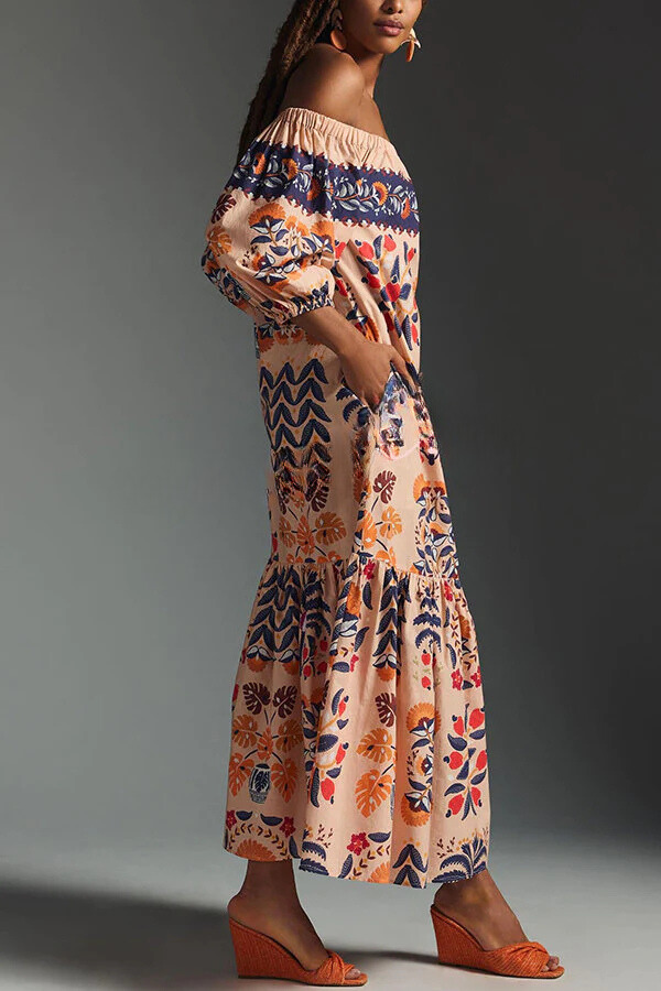 LB | Island Lover Printed off-the-shoulder, lejąca sukienka midi