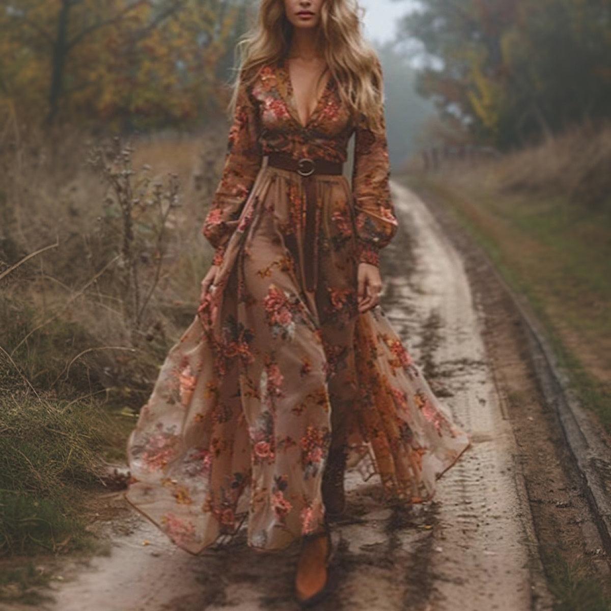 LB | Retro V-neck sukienka maxi z długim rękawem