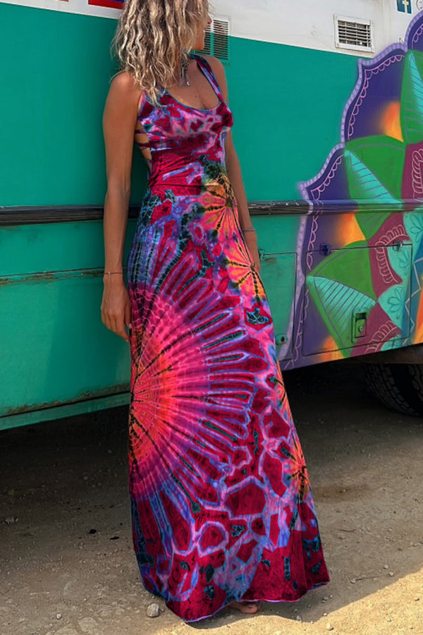 LB | Elastyczna sukienka maxi z nadrukiem w kolorze tie-dye na plecach