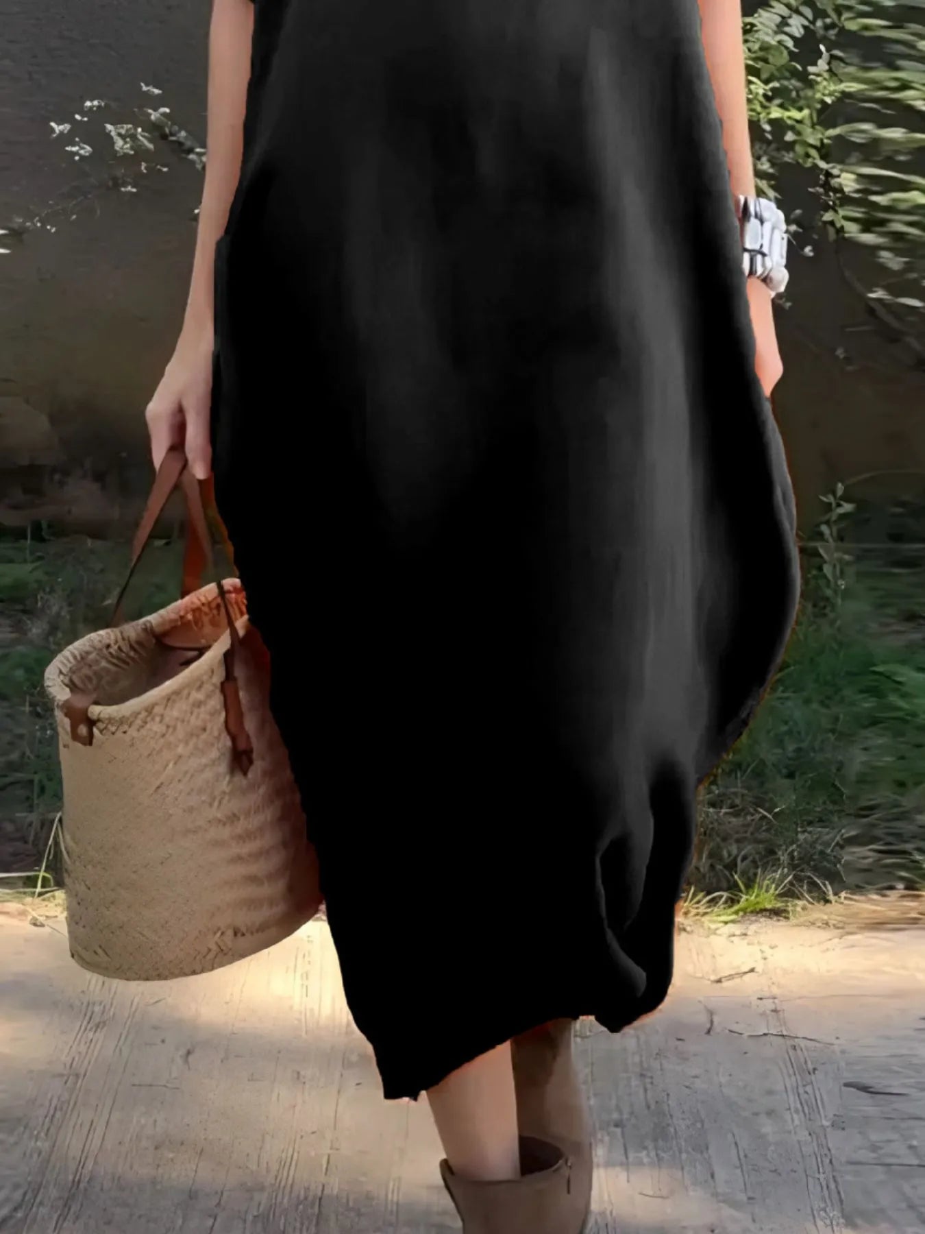LB | Full Size Casual Loose Fit Round Neck Midi Dress Plus Size