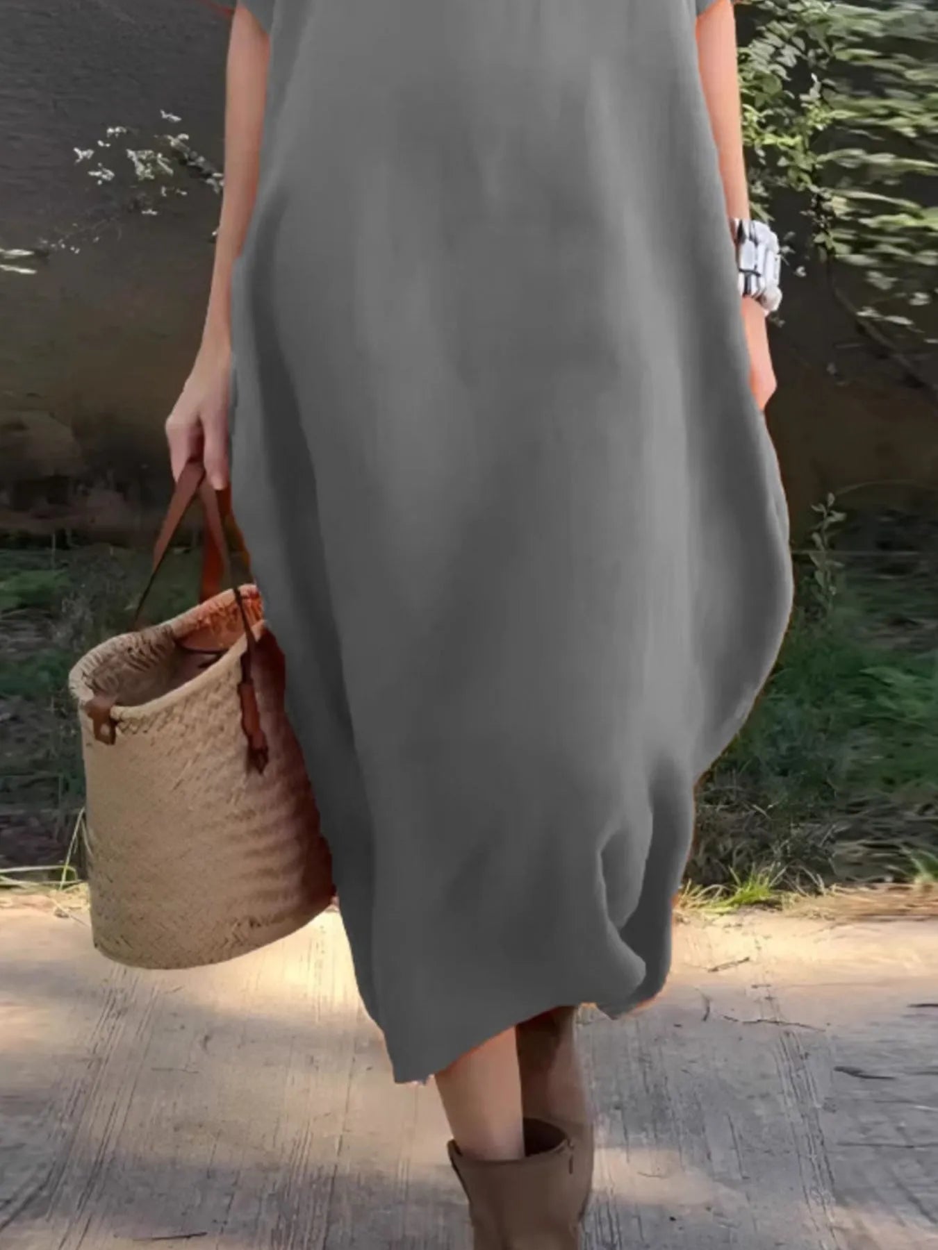 LB | Full Size Casual Loose Fit Round Neck Midi Dress Plus Size