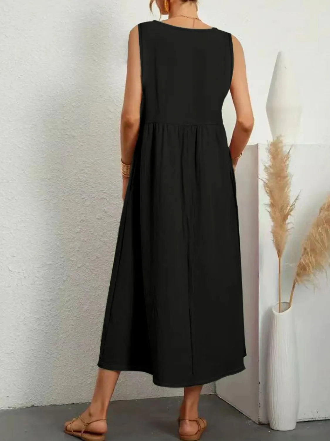 LB | Full Size Pocketed V-Neck Sleeveless Midi Dress Plus Size