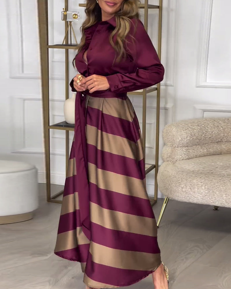 LB | Elegancka koszulowa sukienka maxi z paskiem