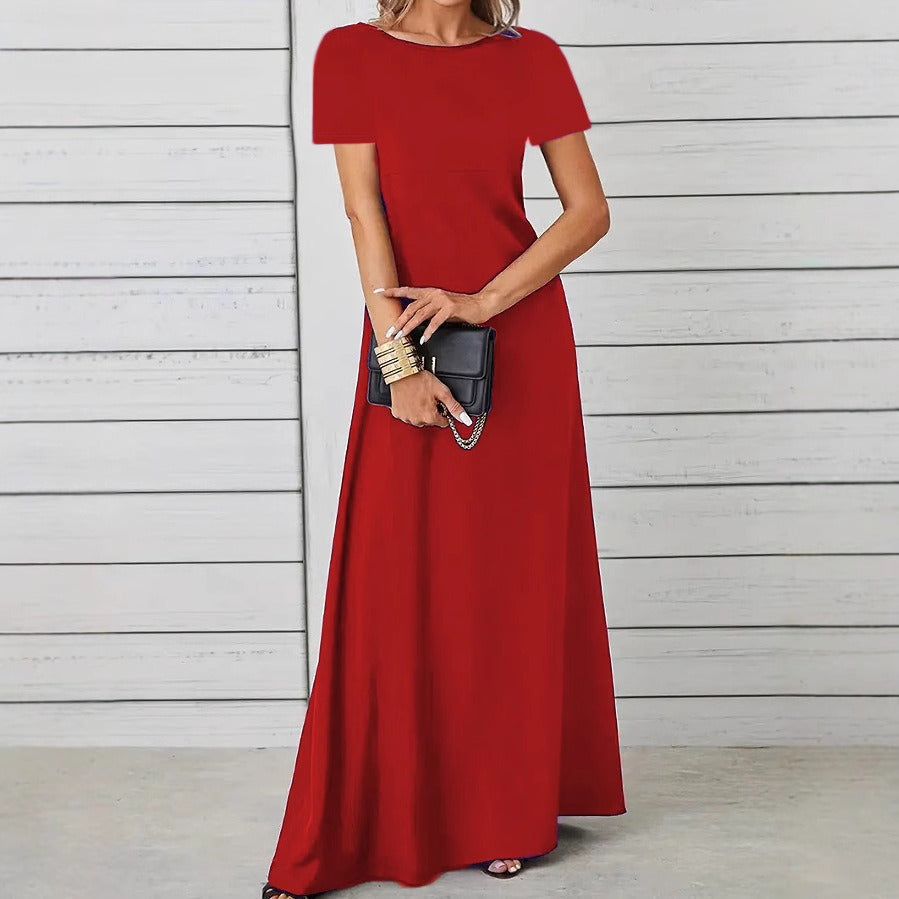 LB | Damska sukienka maxi - Slim Fit - Krótkie rękawy - Bawełna - Okrągły dekolt - Odzież codzienna