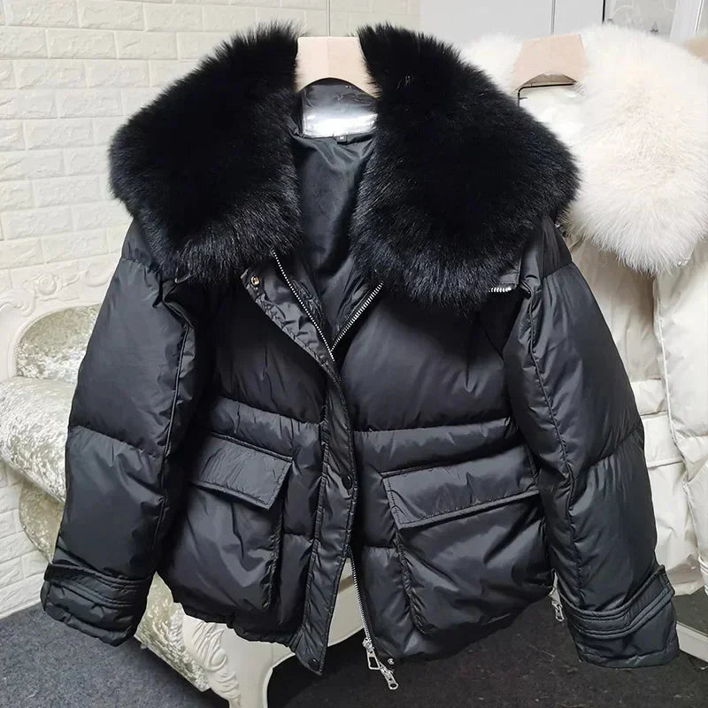 Loose Real Fox Fur Collar White Duck Down Women Winter Luxury Puffer Coat Oversize Feather Outwear winter jacket - GeraldBlack.com