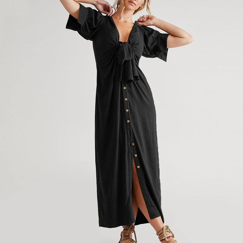 LB | Ladies Twist Front Puff Sleeve Solid Slit Maxi Dress