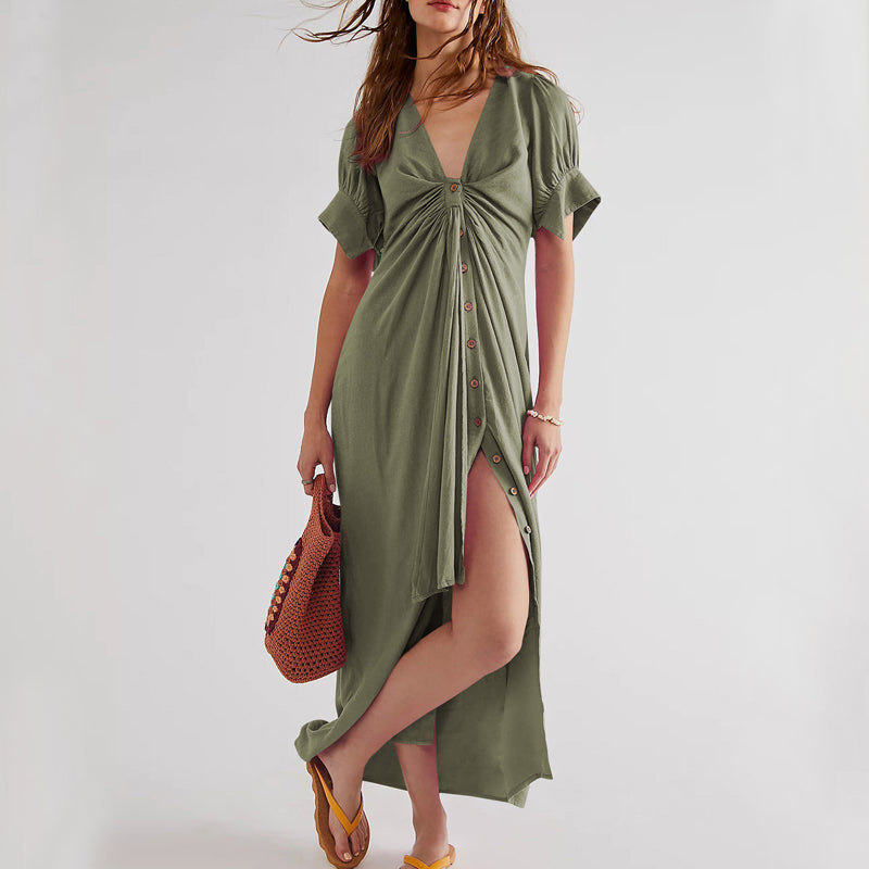 LB | Ladies Twist Front Puff Sleeve Solid Slit Maxi Dress