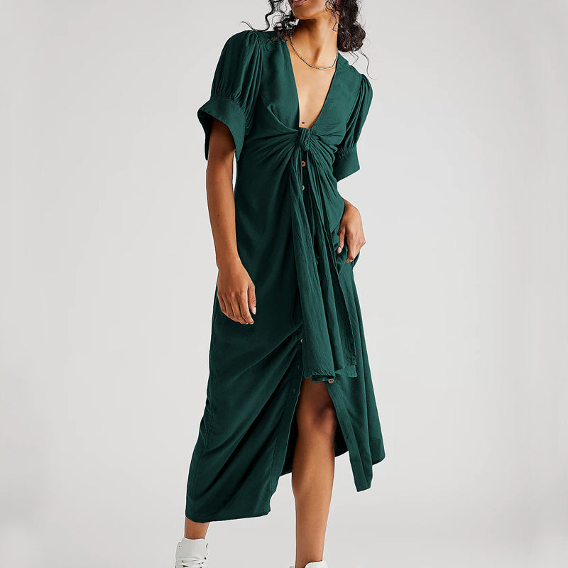 LB | Ladies Twist Front Puff Sleeve Solid Slit Maxi Dress