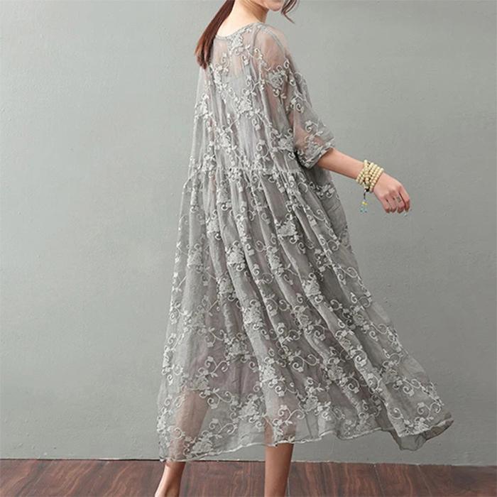 LB | Vintage Szara Sukienka Maxi Modna Sukienka Plus Size Koronkowe Rękawy Bransoletka