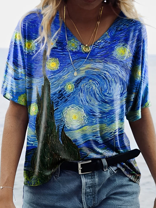 LB | Van Gogh gwiaździste niebo z nadrukiem Koszulka z dekoltem w szpic